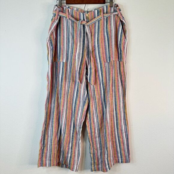 Seven7 Linen Blend Colorful Striped Wide Leg Cropped Paperbag Pants Womens 16 - Picture 1 of 11